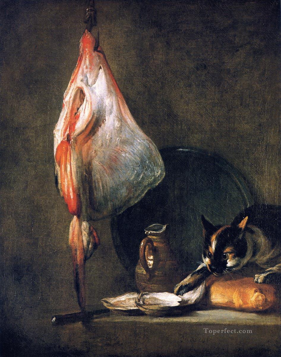 Cat with Ray Oysters Pitcher and Loaf of Bread Jean Baptiste Simeon Chardin Oil Paintings